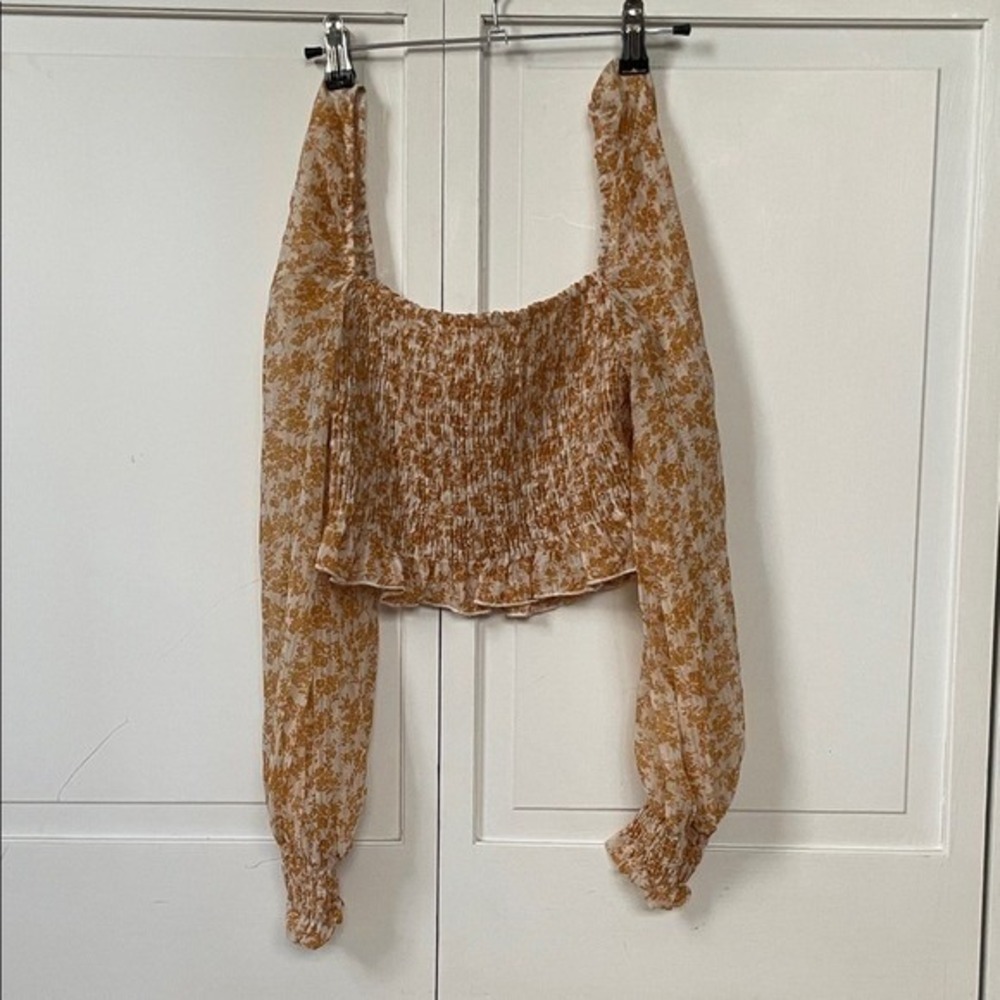 SHEIN Crop Top Polyester Mustard Floral Smocked Bodice Small Cottagecore Blouse